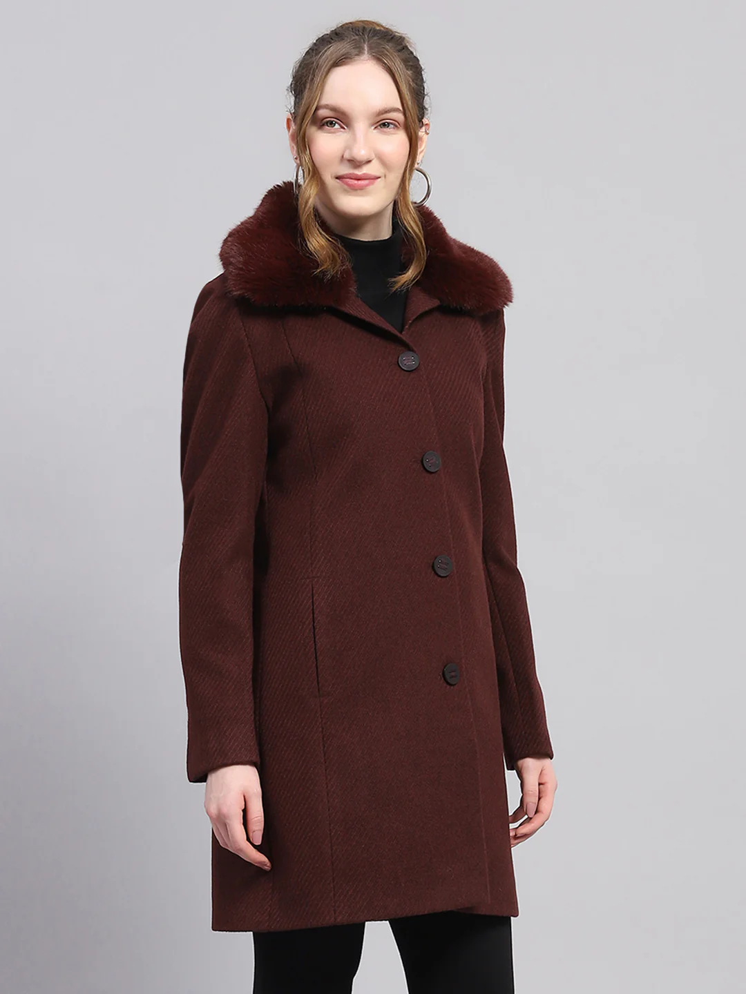 Women Maroon Self Design Notch lapel Collar Full Sleeve Coat - Image 4