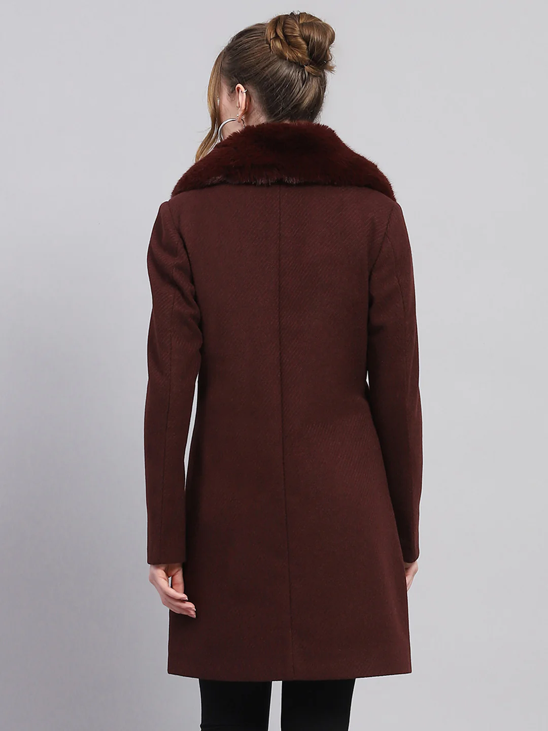 Women Maroon Self Design Notch lapel Collar Full Sleeve Coat - Image 5