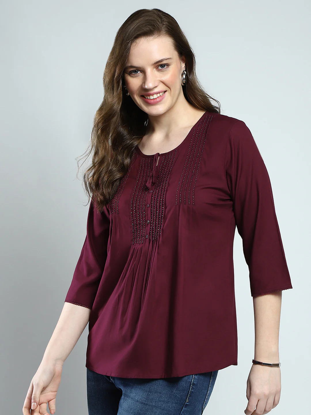 Women Maroon Self Design Round Neck 3/4th Sleeve Top - Image 3