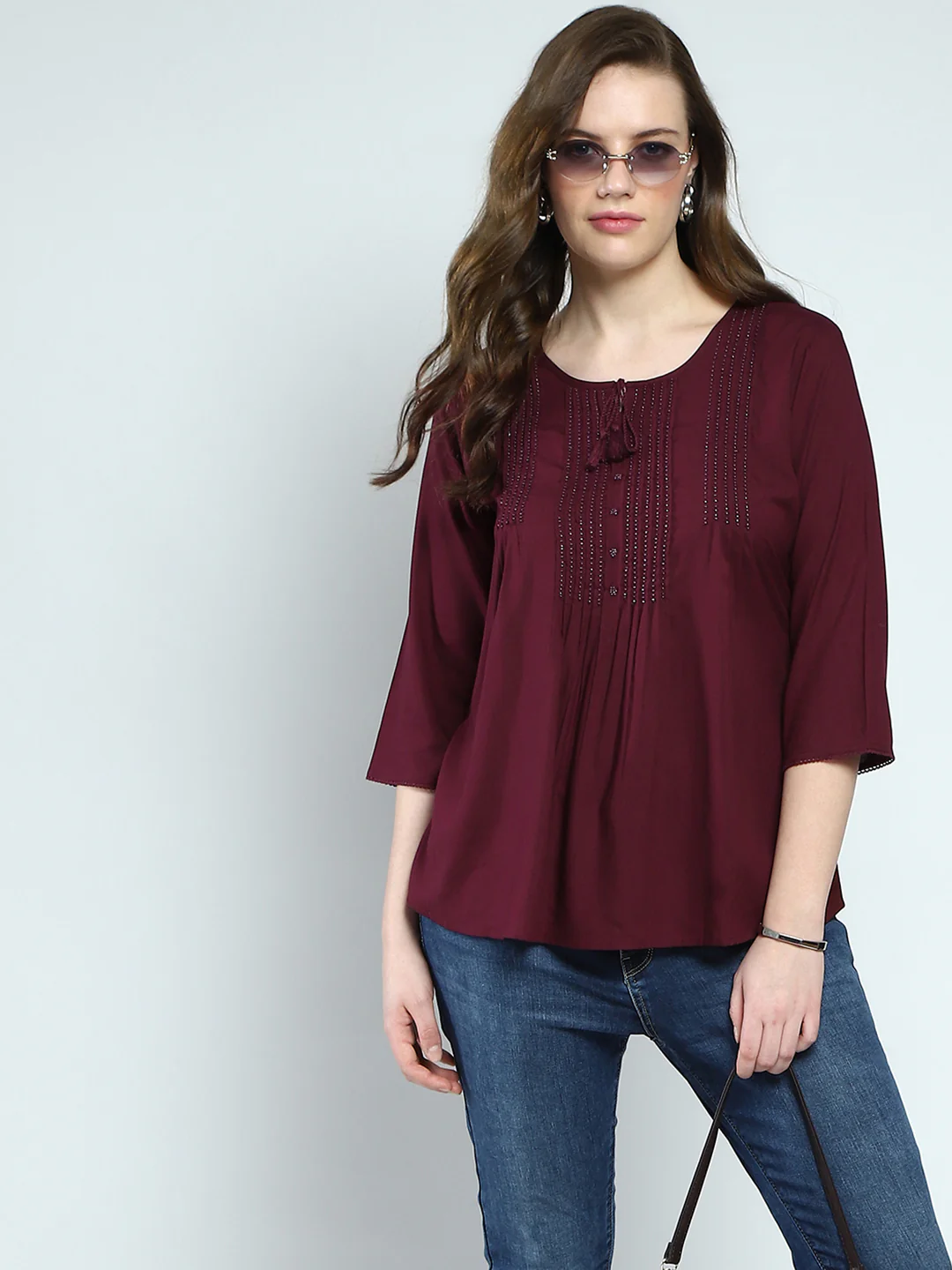 Women Maroon Self Design Round Neck 3/4th Sleeve Top - Image 6