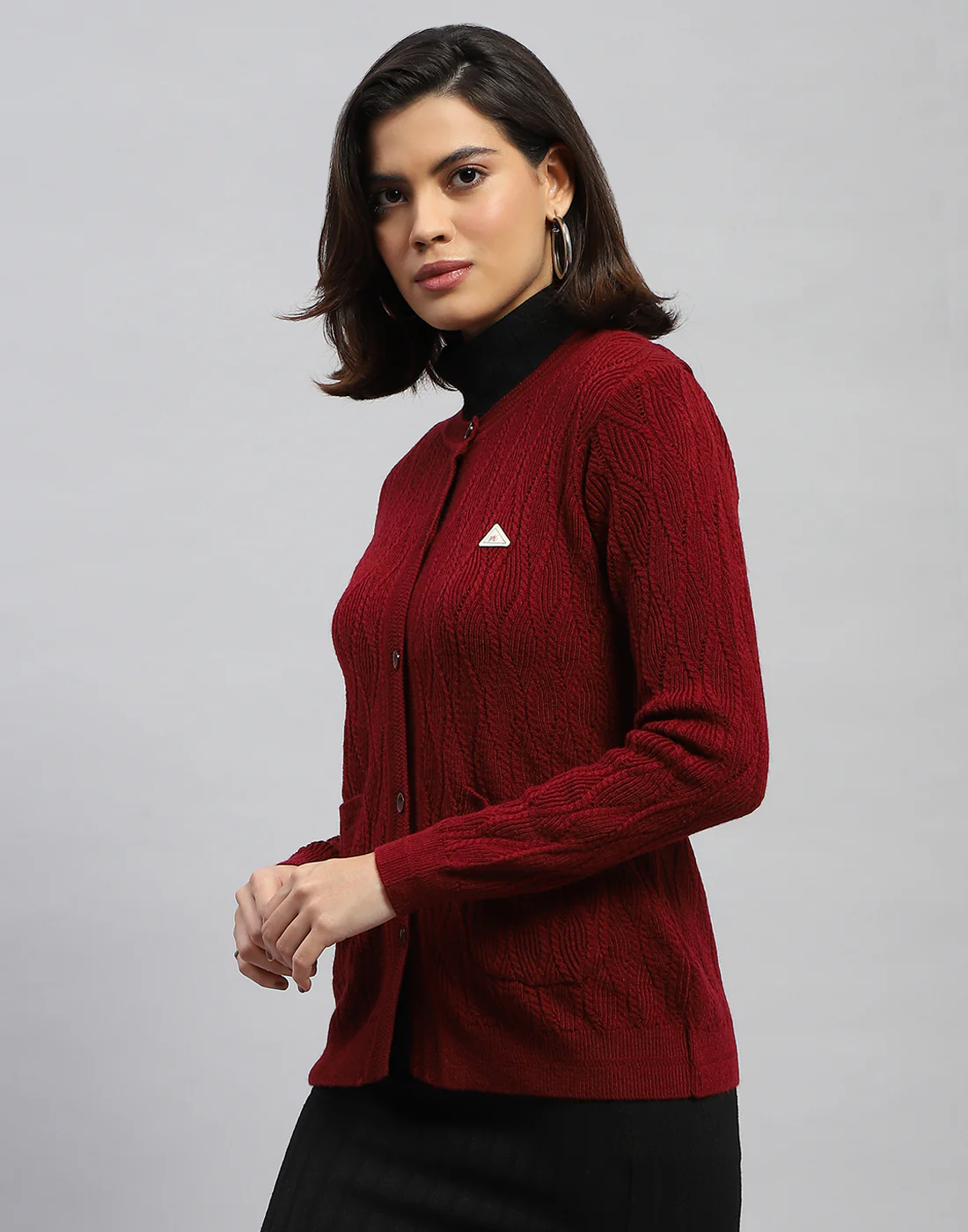 Women Maroon Self Design Round Neck Full Sleeve Cardigan - Image 3