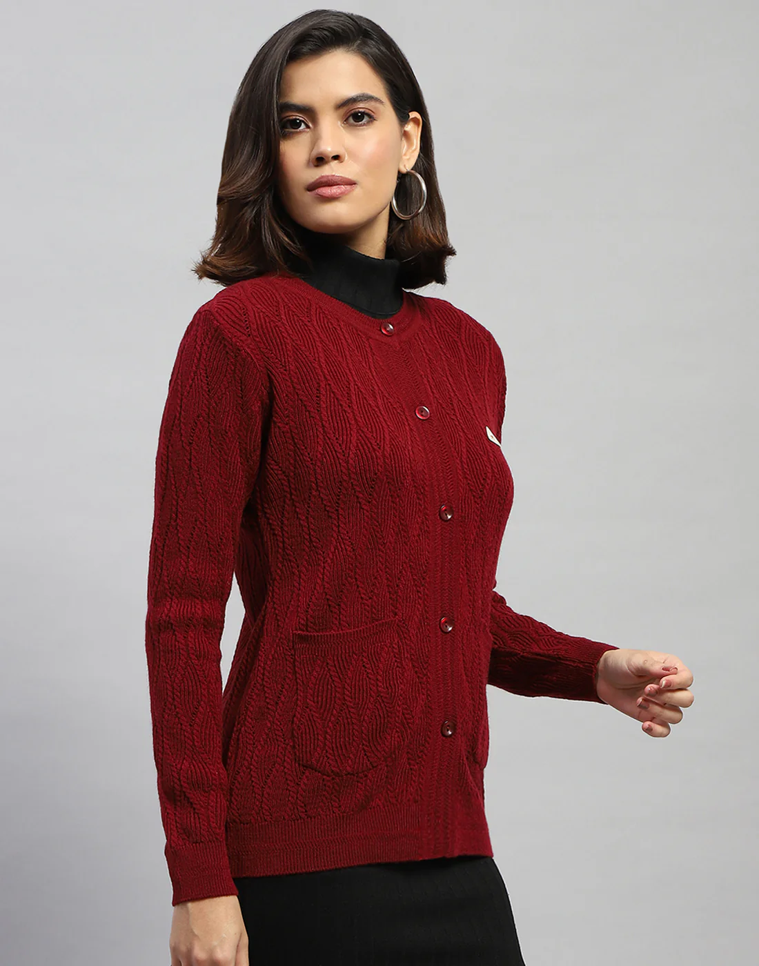 Women Maroon Self Design Round Neck Full Sleeve Cardigan - Image 4