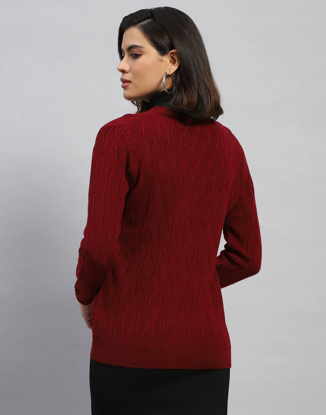 Women Maroon Self Design Round Neck Full Sleeve Cardigan - Image 5