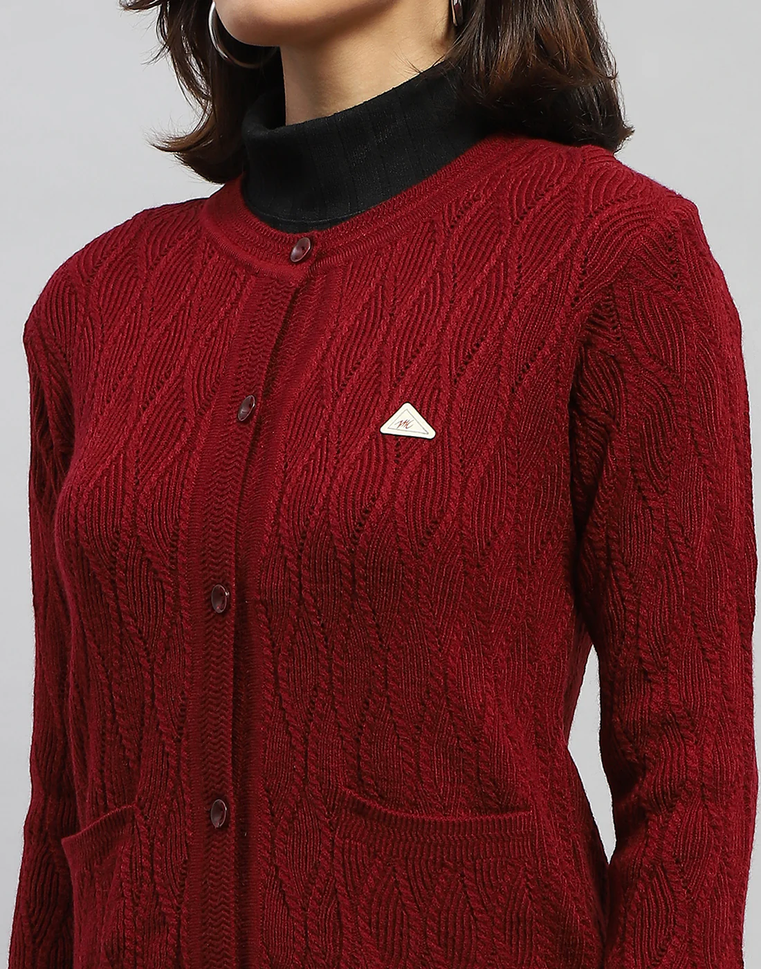 Women Maroon Self Design Round Neck Full Sleeve Cardigan - Image 7