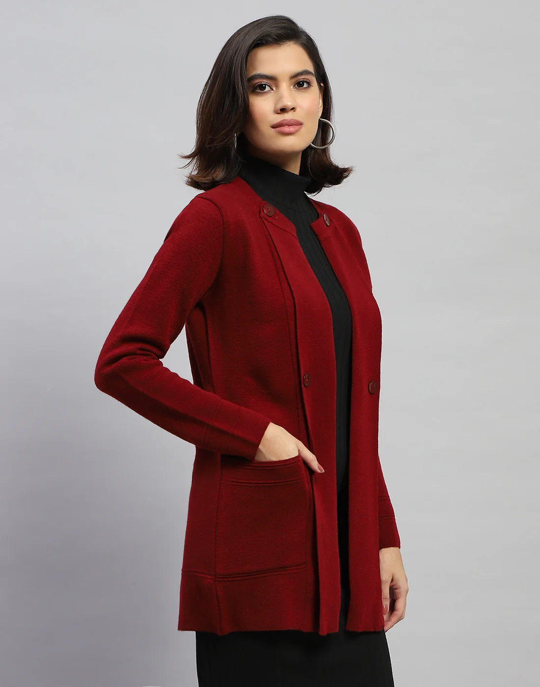 Women Maroon Self Design Round Neck Full Sleeve Cardigan - Image 4