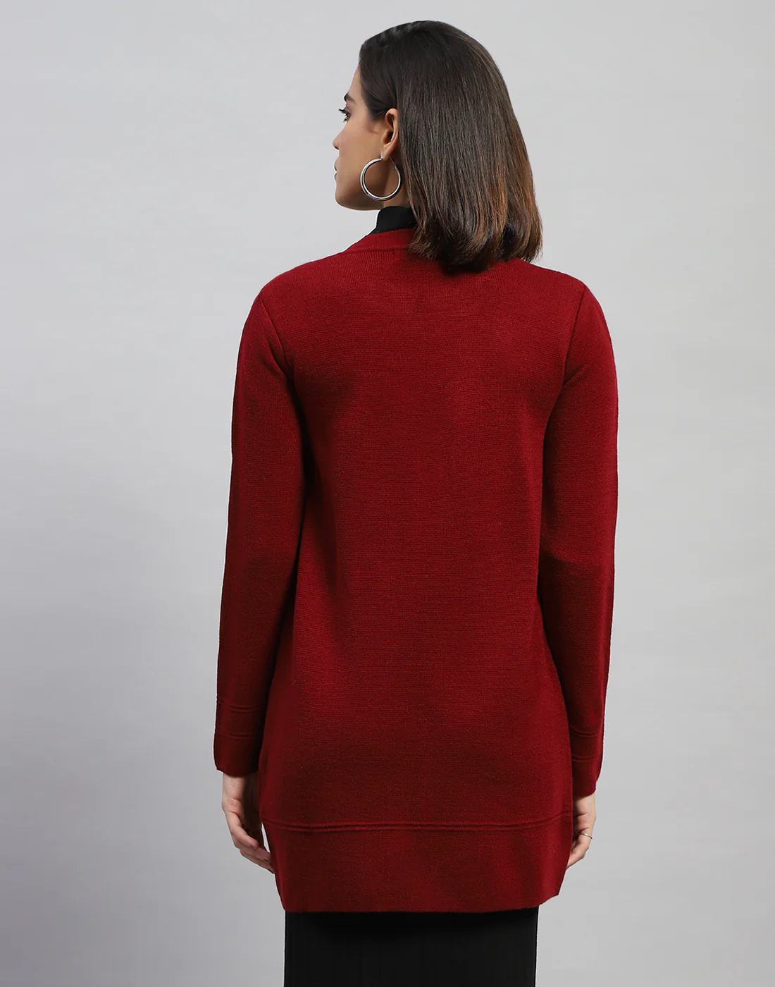 Women Maroon Self Design Round Neck Full Sleeve Cardigan - Image 5