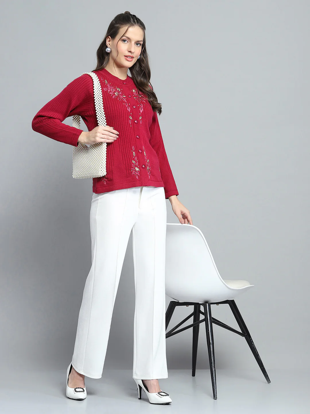 Women Maroon Self Design Round Neck Full Sleeve Cardigan - Image 2