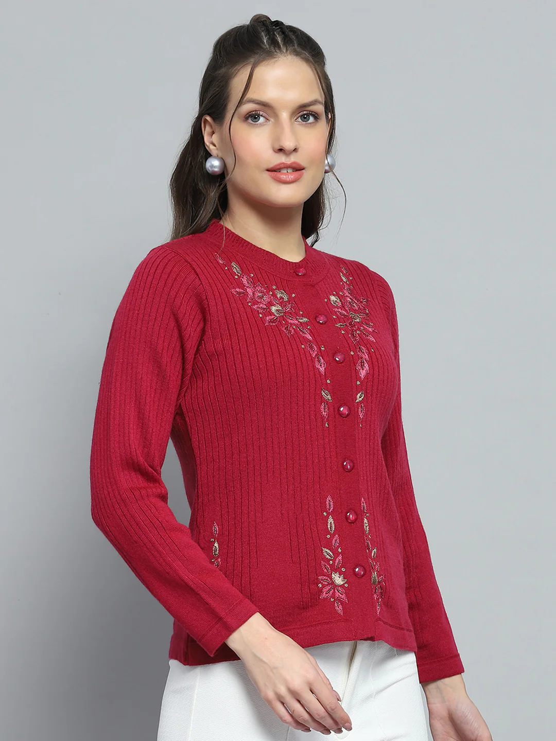 Women Maroon Self Design Round Neck Full Sleeve Cardigan - Image 4