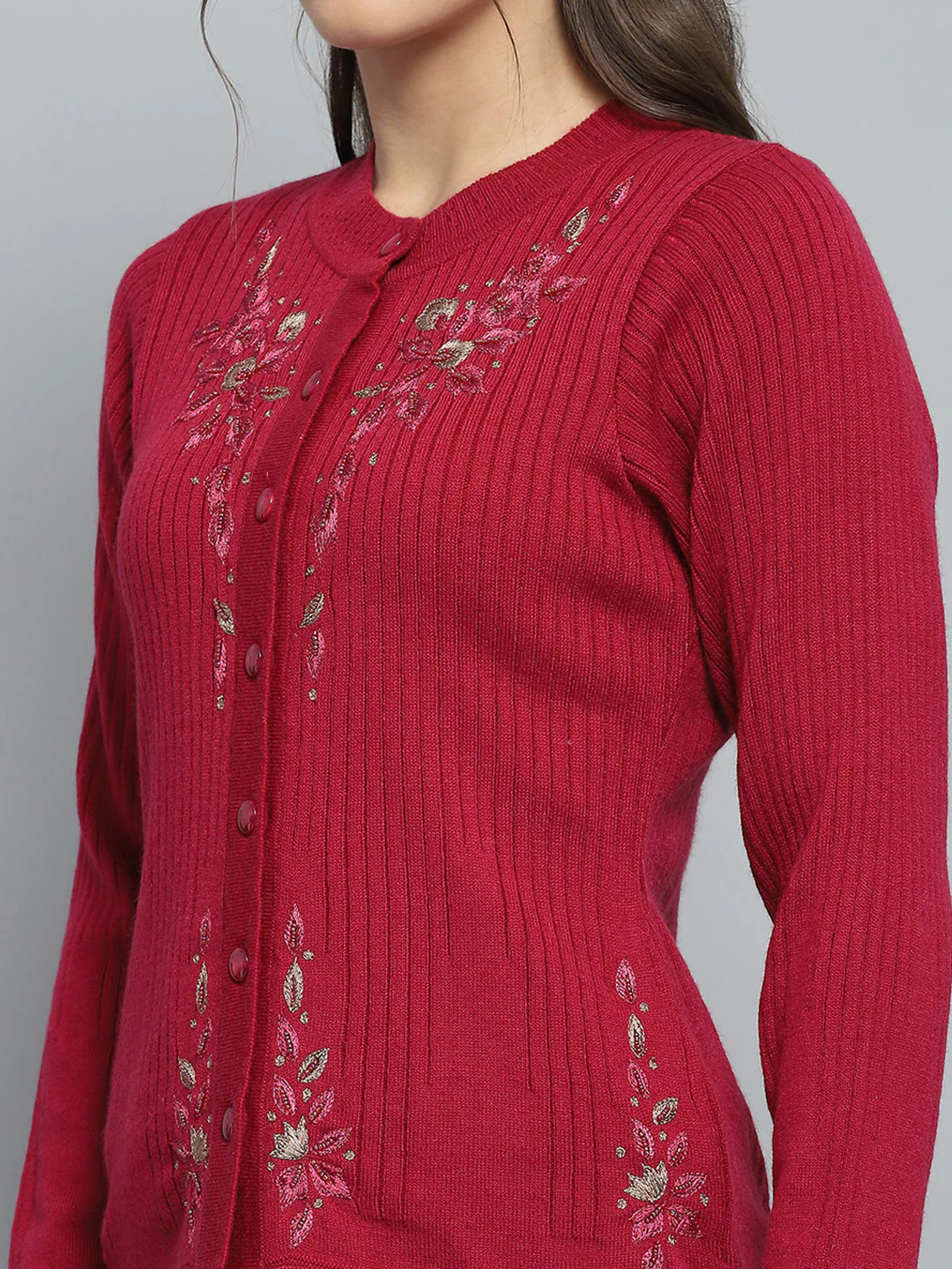 Women Maroon Self Design Round Neck Full Sleeve Cardigan - Image 7