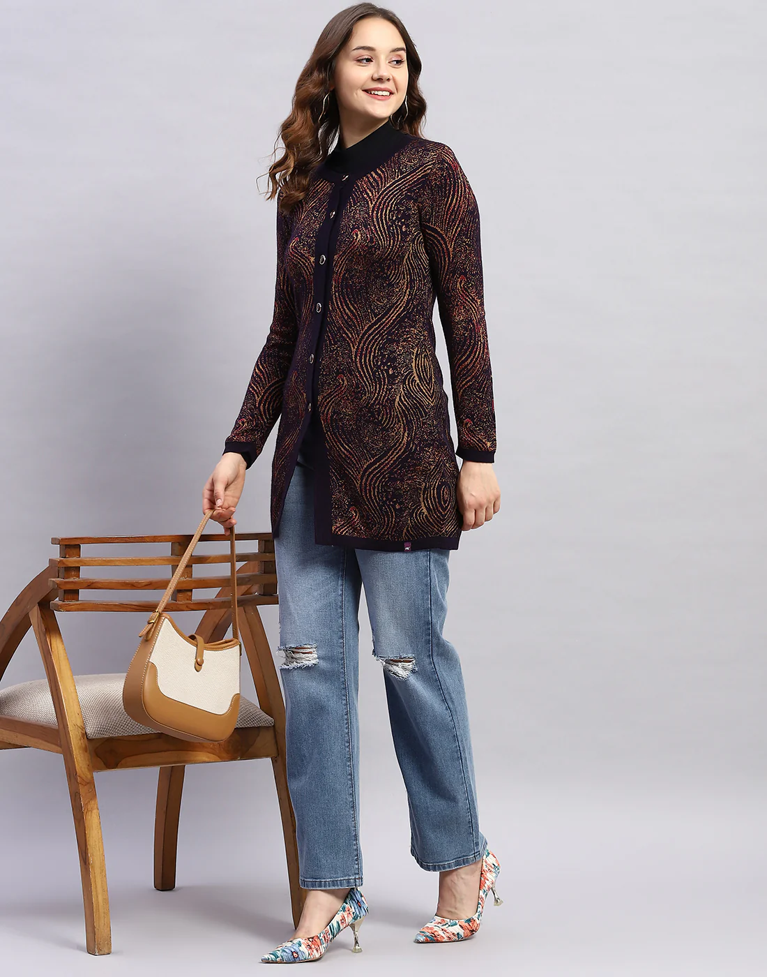 Women Maroon Self Design Round Neck Full Sleeve Cardigan - Image 2