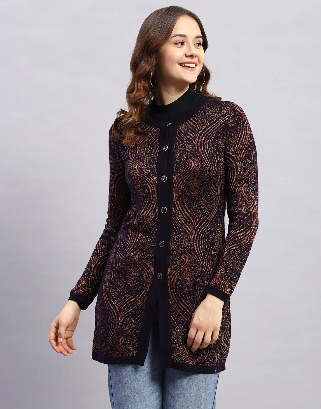 Women Maroon Self Design Round Neck Full Sleeve Cardigan - Image 3