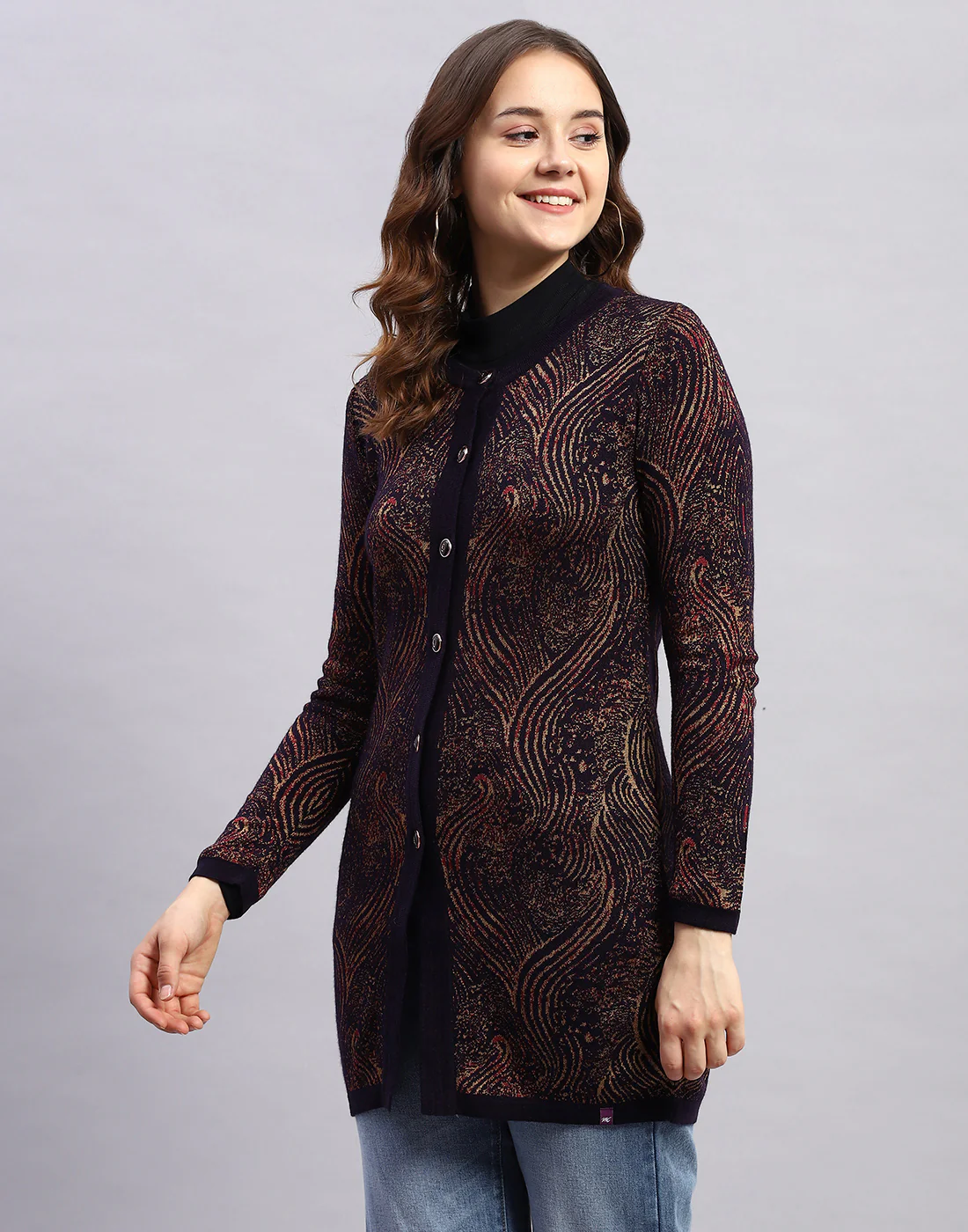 Women Maroon Self Design Round Neck Full Sleeve Cardigan - Image 4
