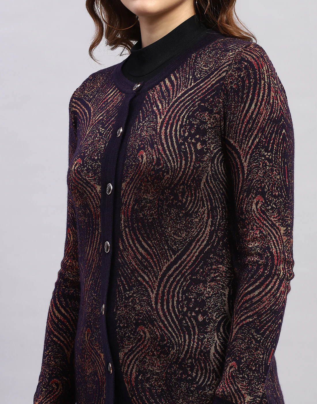 Women Maroon Self Design Round Neck Full Sleeve Cardigan - Image 7