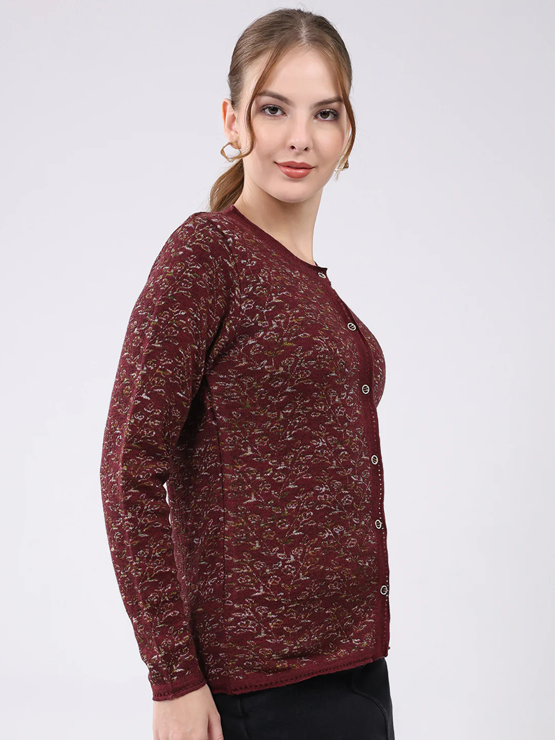 Women Maroon Self Design Round Neck Full Sleeve Cardigan - Image 4