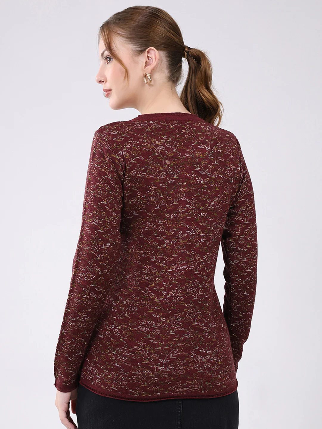 Women Maroon Self Design Round Neck Full Sleeve Cardigan - Image 5