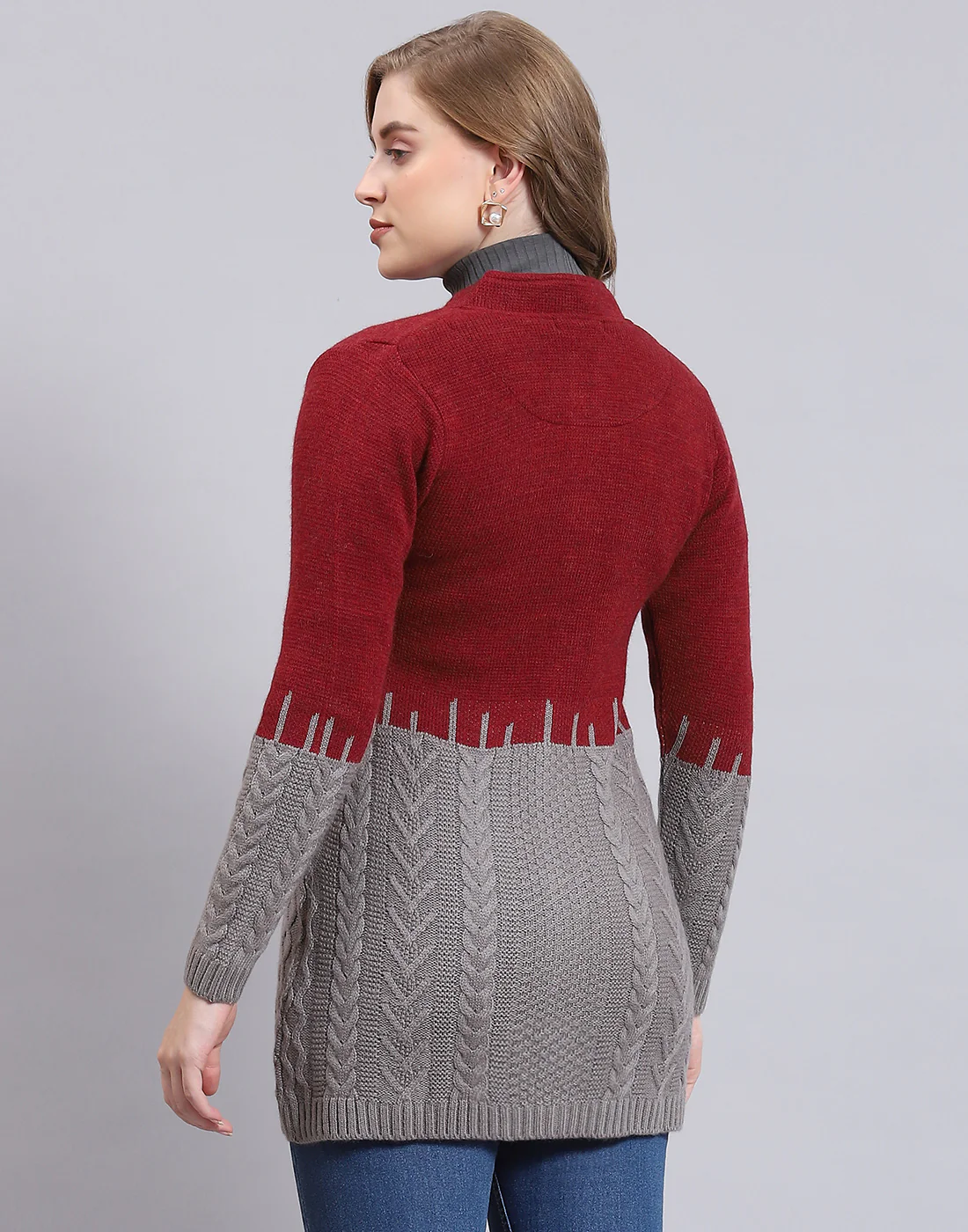 Women Maroon Self Design Round Neck Full Sleeve Coat - Image 6