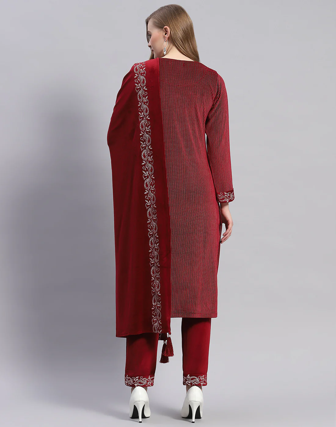 Women Maroon Self Design Round Neck Full Sleeve Kurti+Lower Set - Image 5