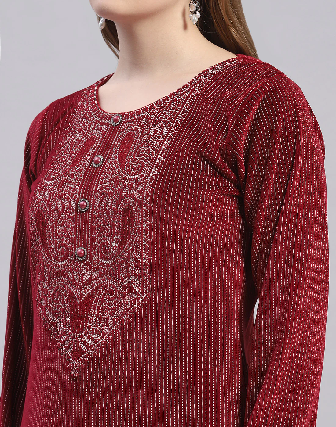 Women Maroon Self Design Round Neck Full Sleeve Kurti+Lower Set - Image 6