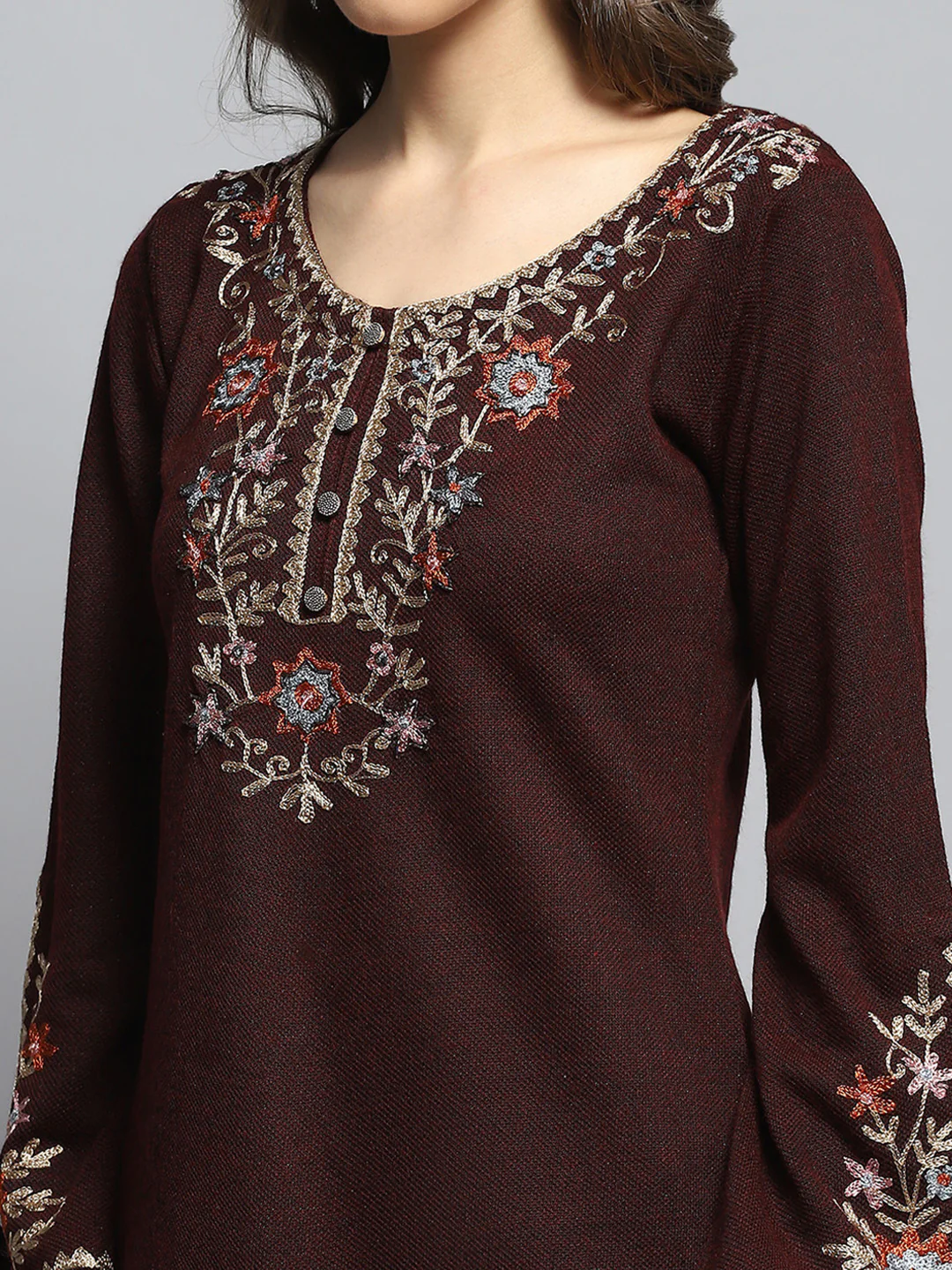 Women Maroon Self Design Round Neck Full Sleeve Kurti Set - Image 6