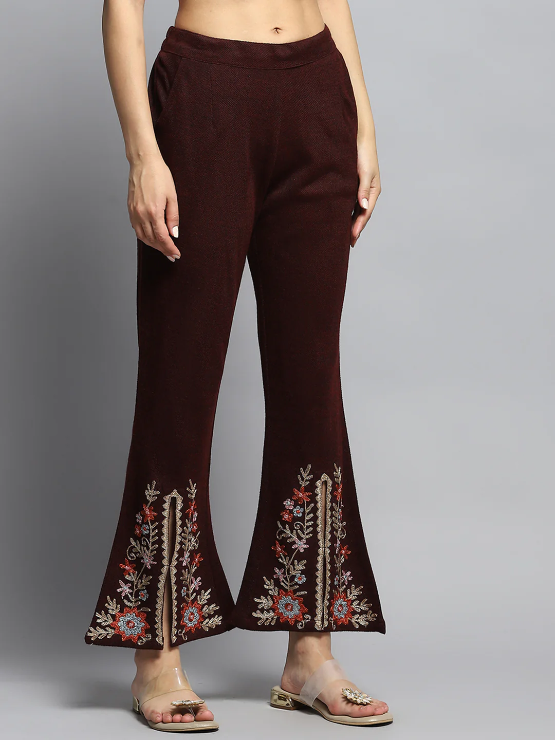 Women Maroon Self Design Round Neck Full Sleeve Kurti Set - Image 7