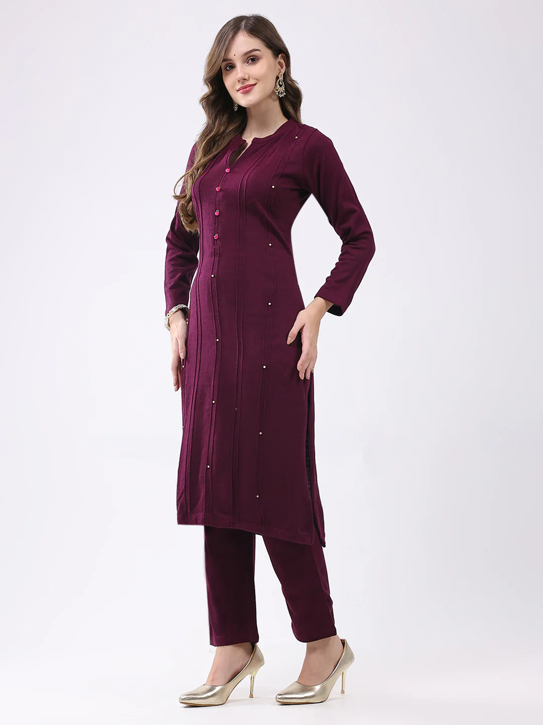 Women Maroon Self Design Round Neck Full Sleeve Kurti Set for Winter - Image 3