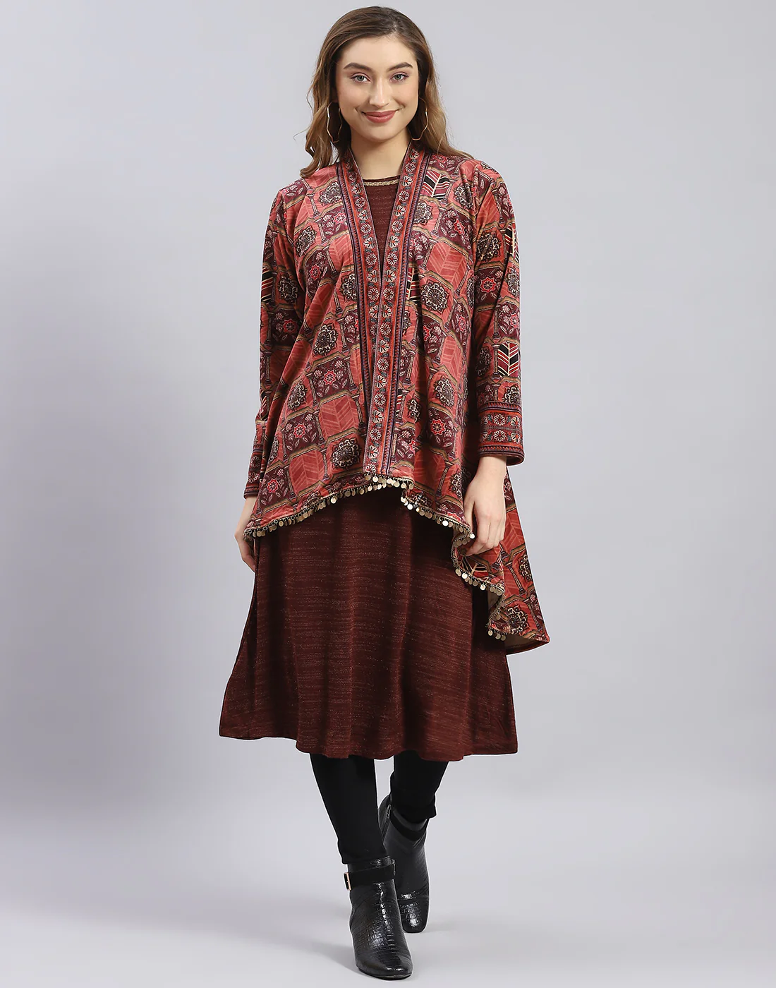 Women Maroon Self Design Round Neck Full Sleeve Kurtis Set - Image 3