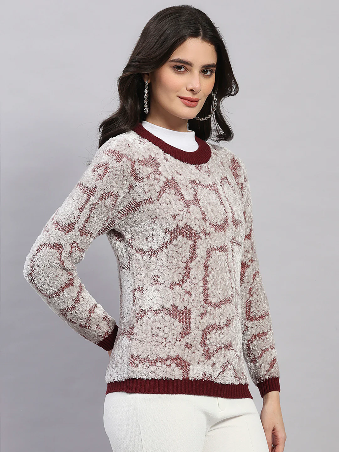 Women Maroon Self Design Round Neck Full Sleeve Winter Top - Image 4