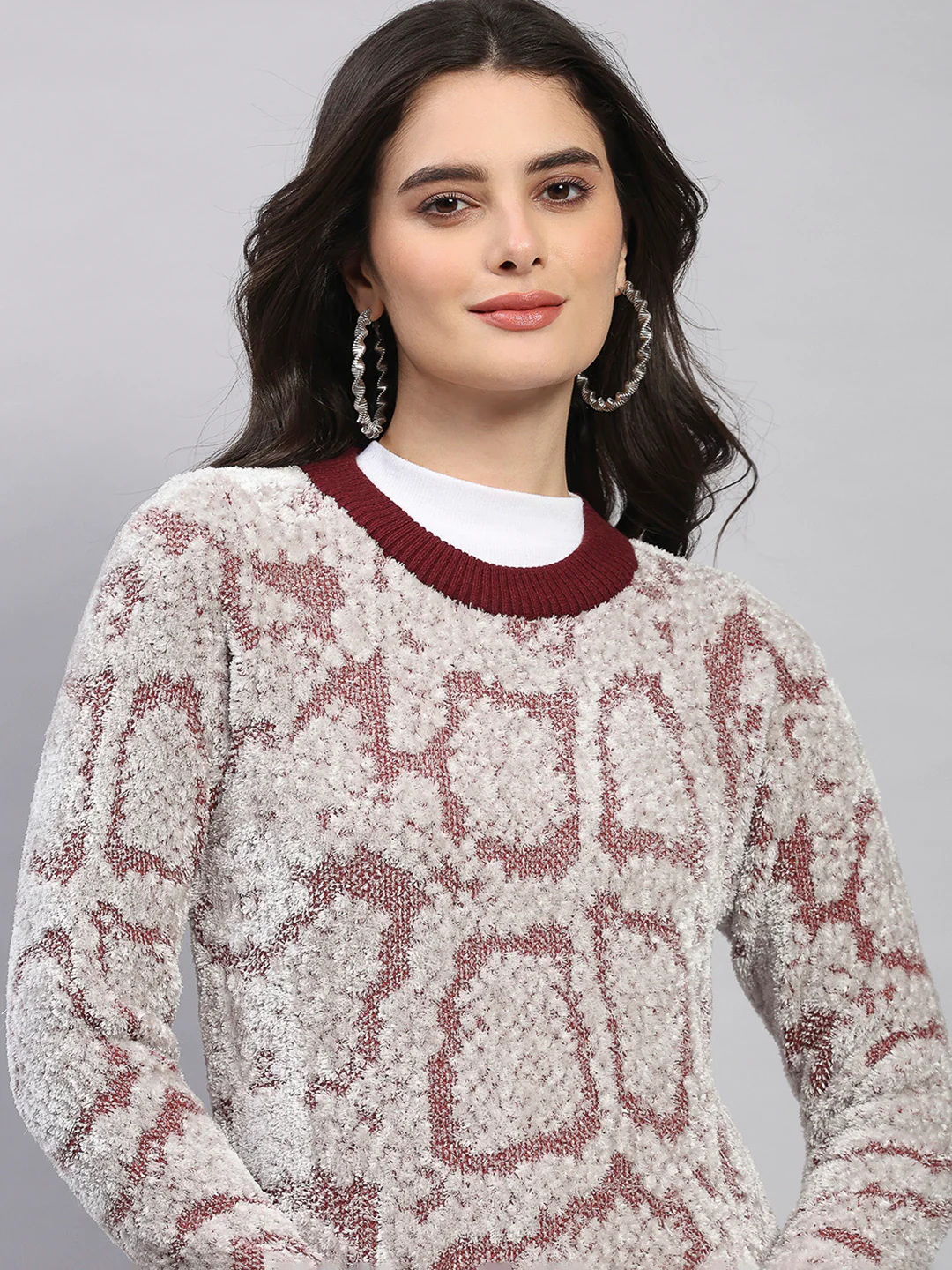 Women Maroon Self Design Round Neck Full Sleeve Winter Top - Image 7