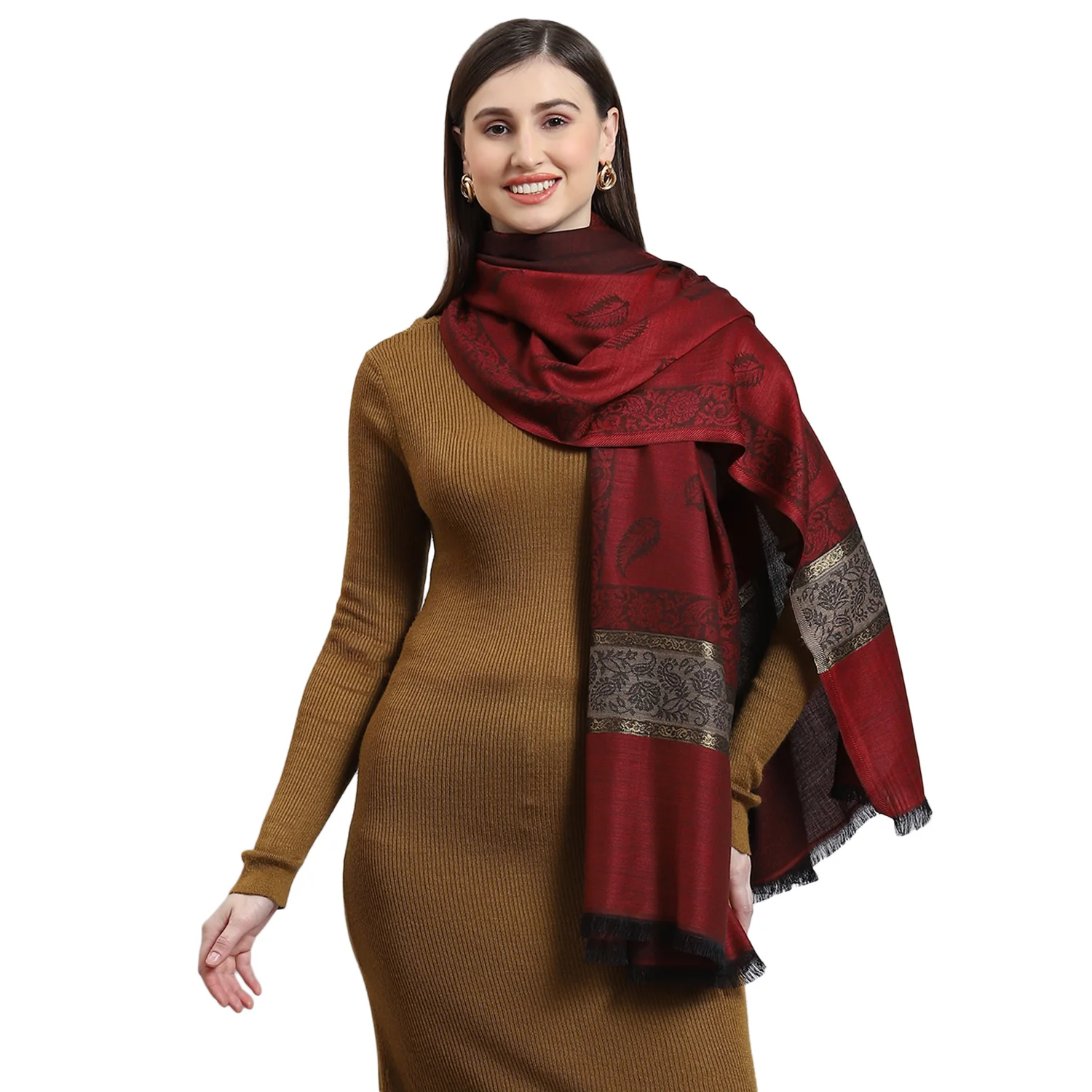 Women Maroon Self Design Shawl - Image 5