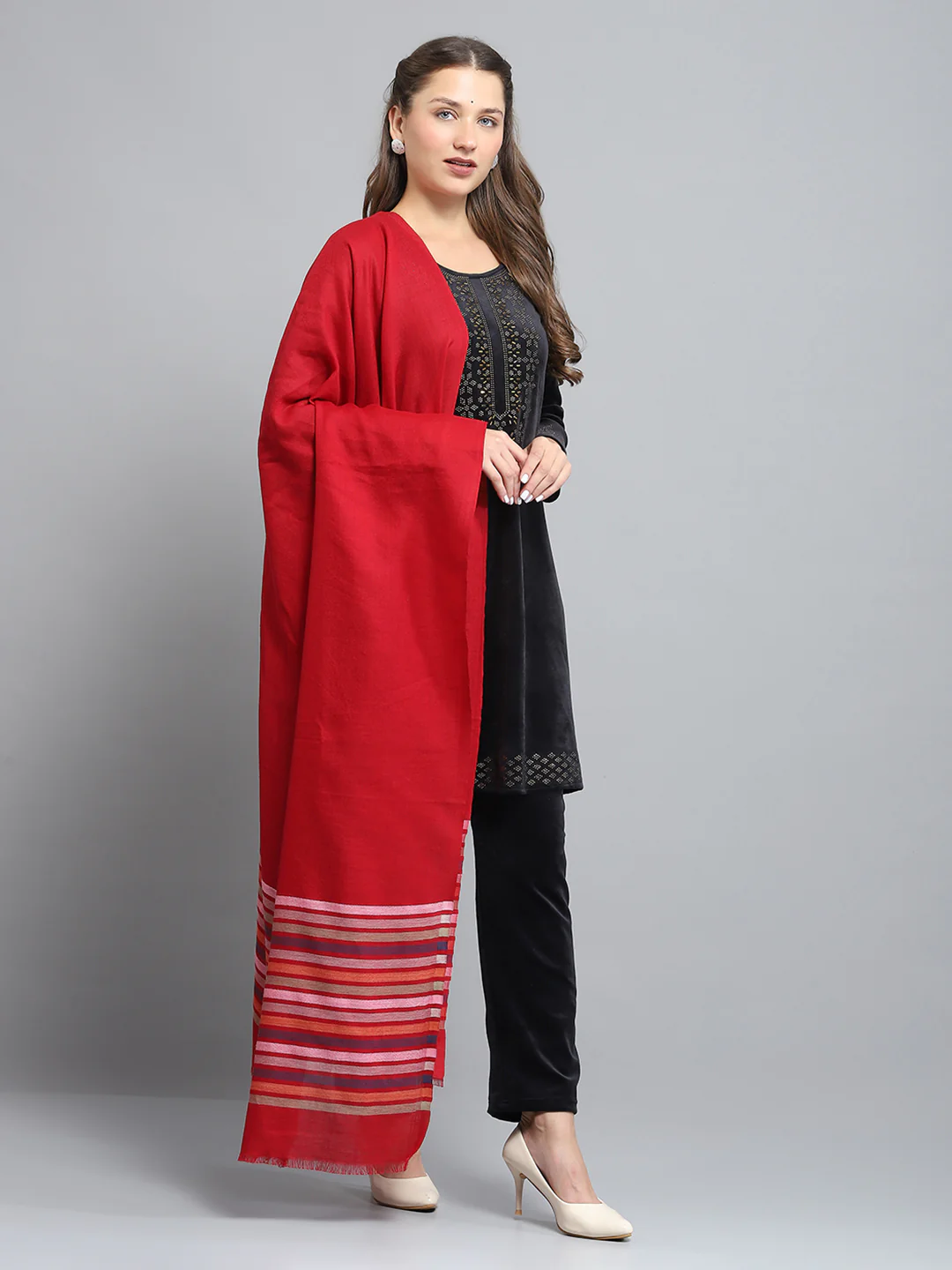 Women Maroon Self Design Shawl - Image 4