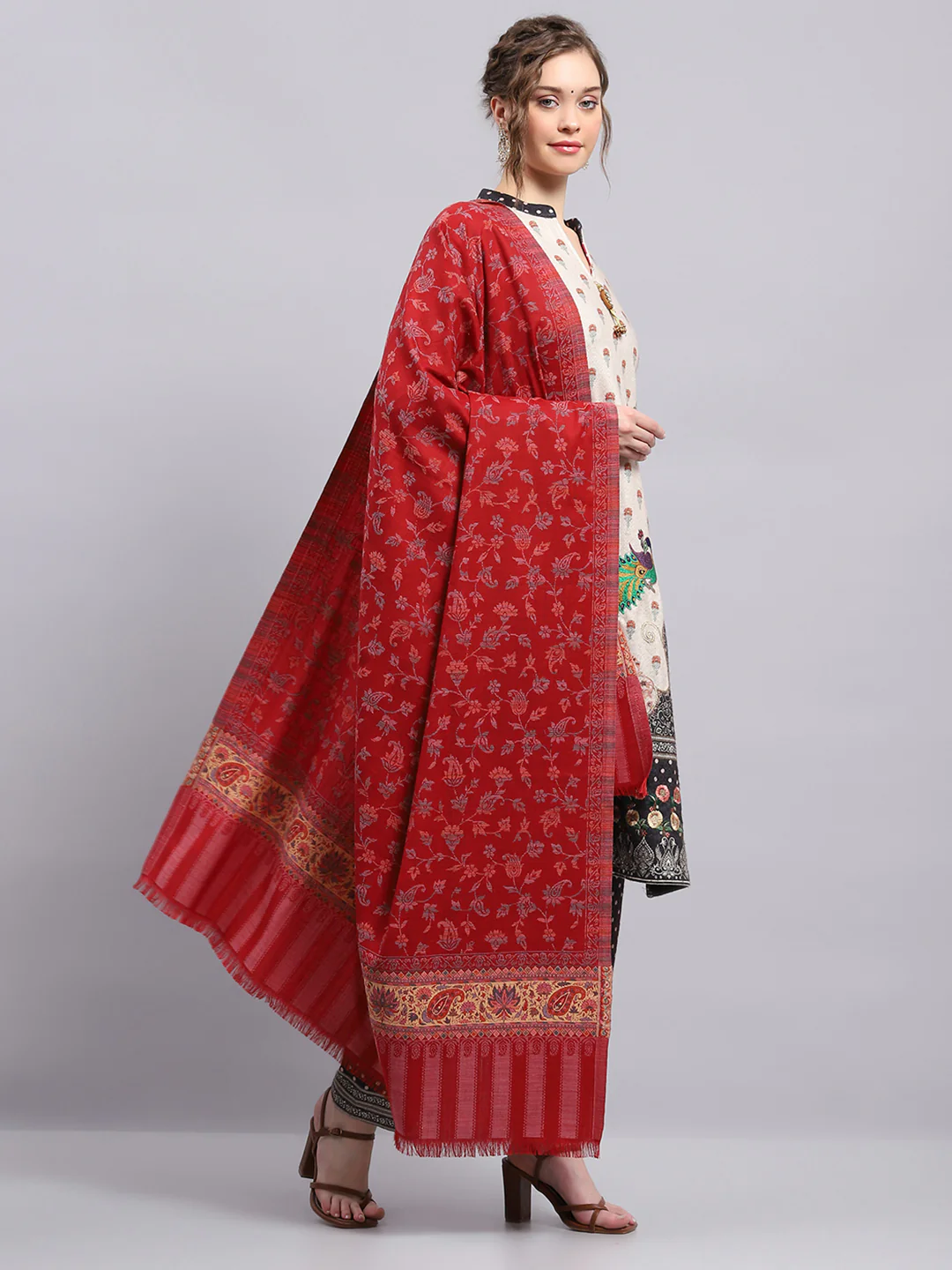 Women Maroon Self Design Shawl - Image 4