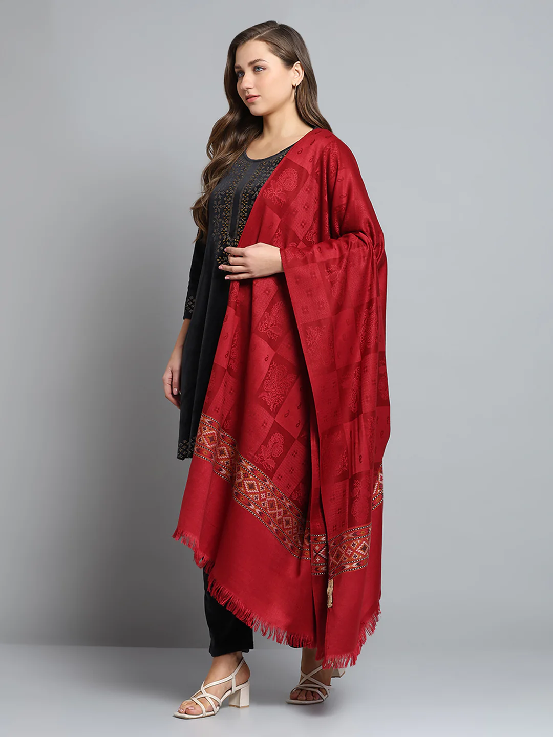 Women Maroon Self Design Shawl - Image 3