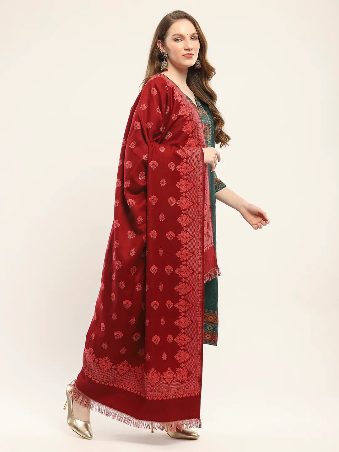 Women Maroon Self Design Shawl - Image 4