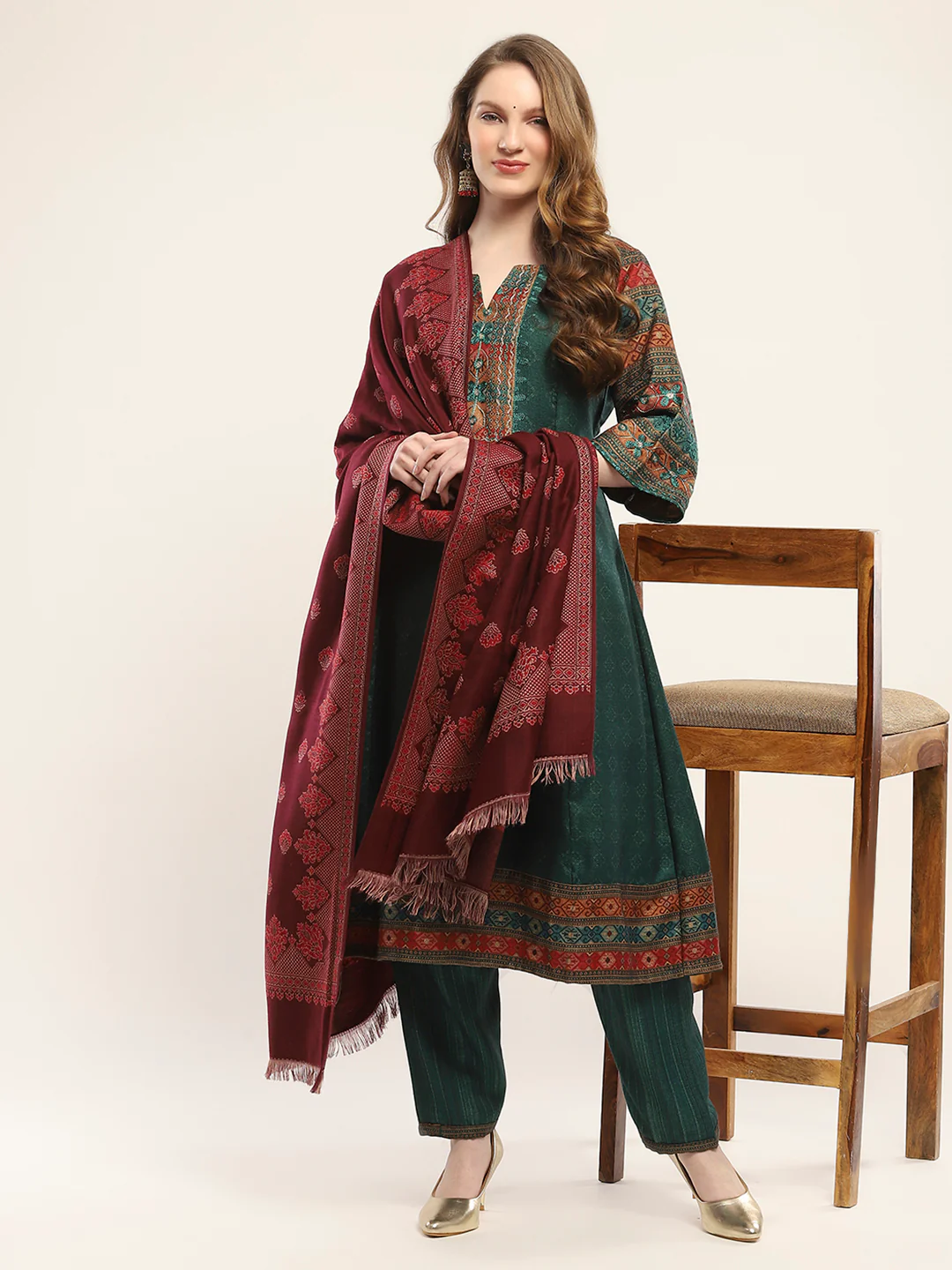 Women Maroon Self Design Shawl - Image 2