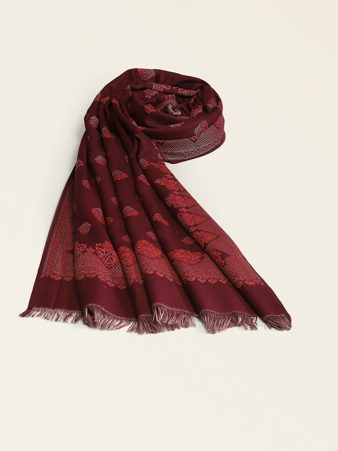 Women Maroon Self Design Shawl - Image 5