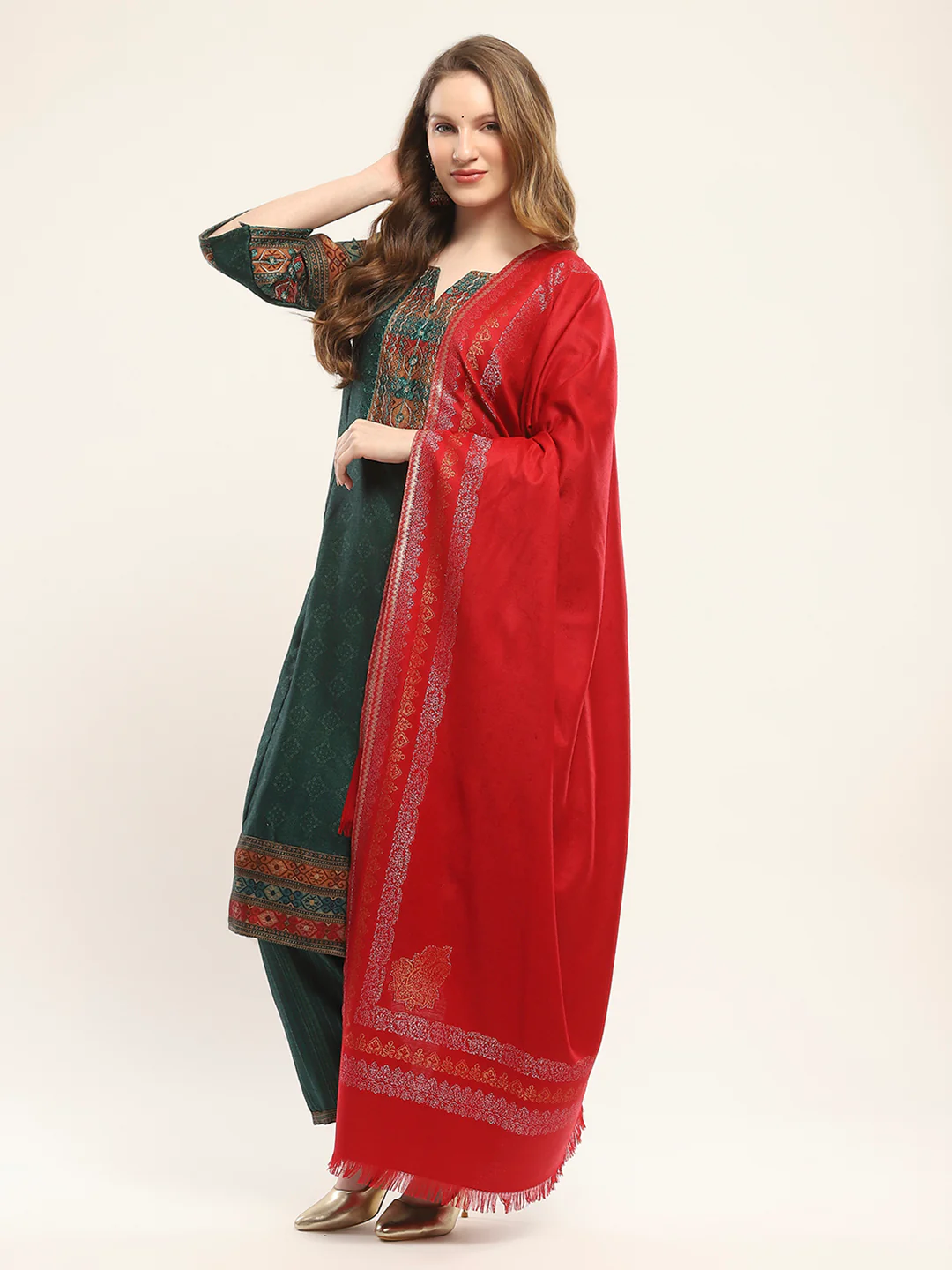 Women Maroon Self Design Shawl - Image 3