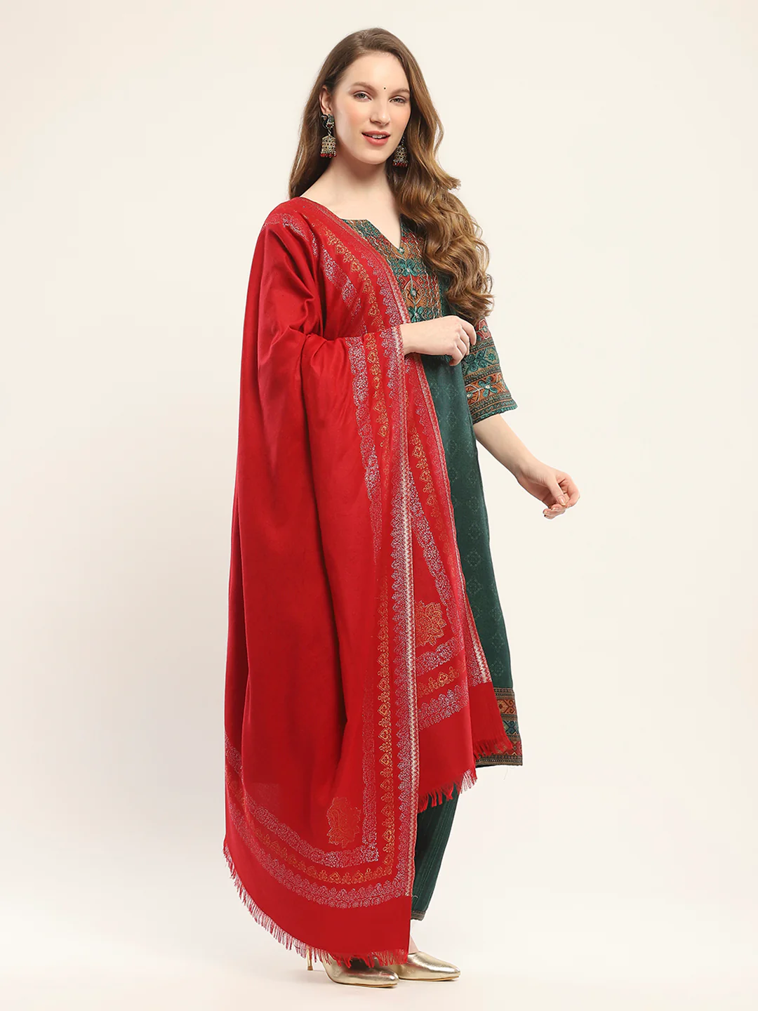 Women Maroon Self Design Shawl - Image 4