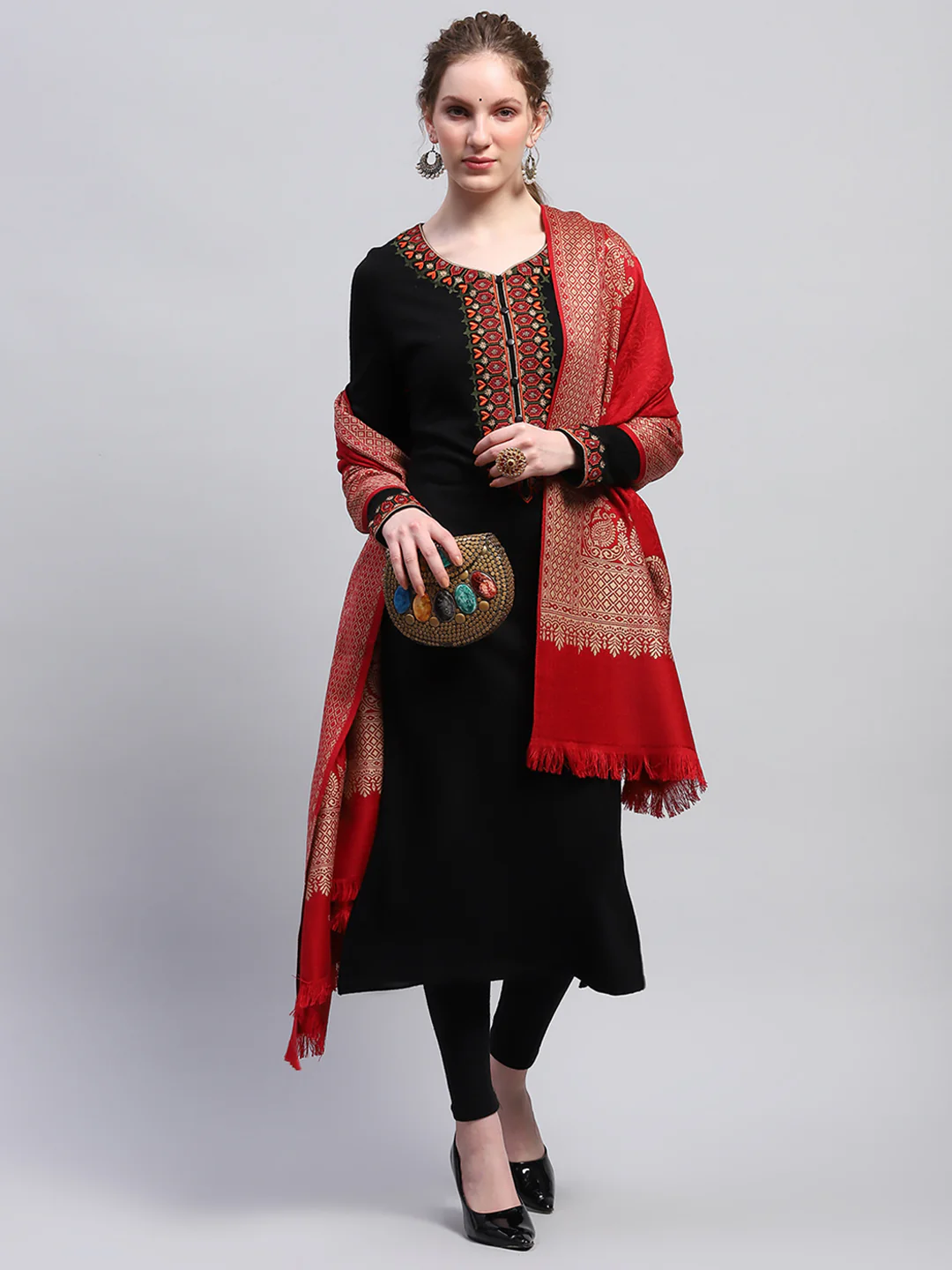 Women Maroon Self Design Shawl - Image 5