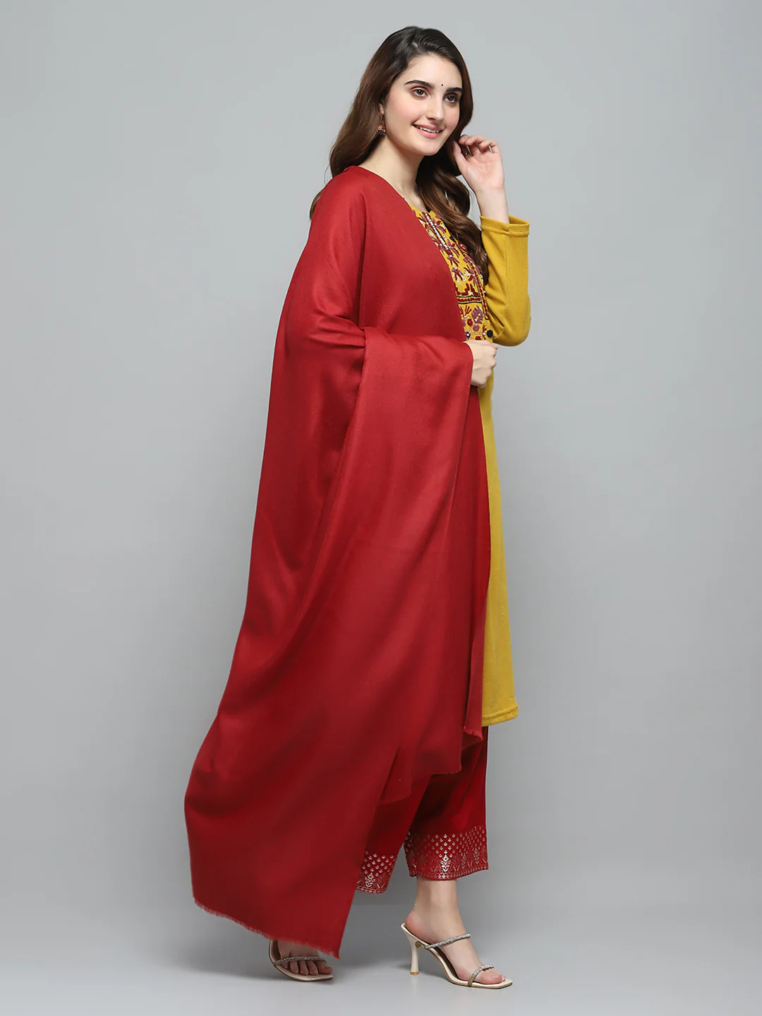 Women Maroon Self Design Shawl - Image 4