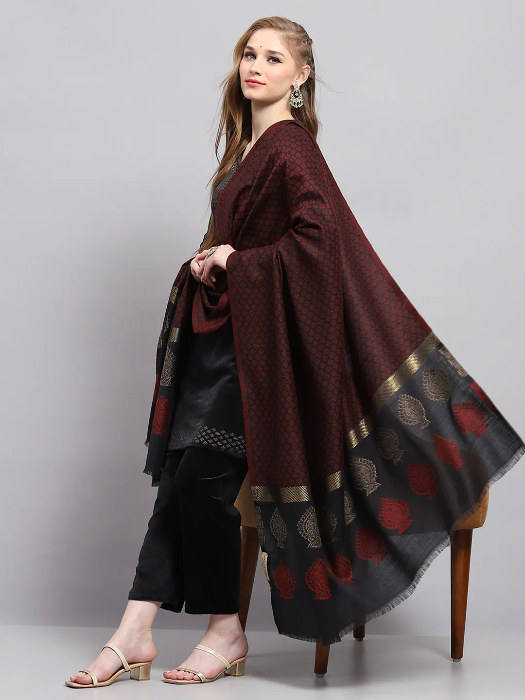Women Maroon Self Design Shawl - Image 5