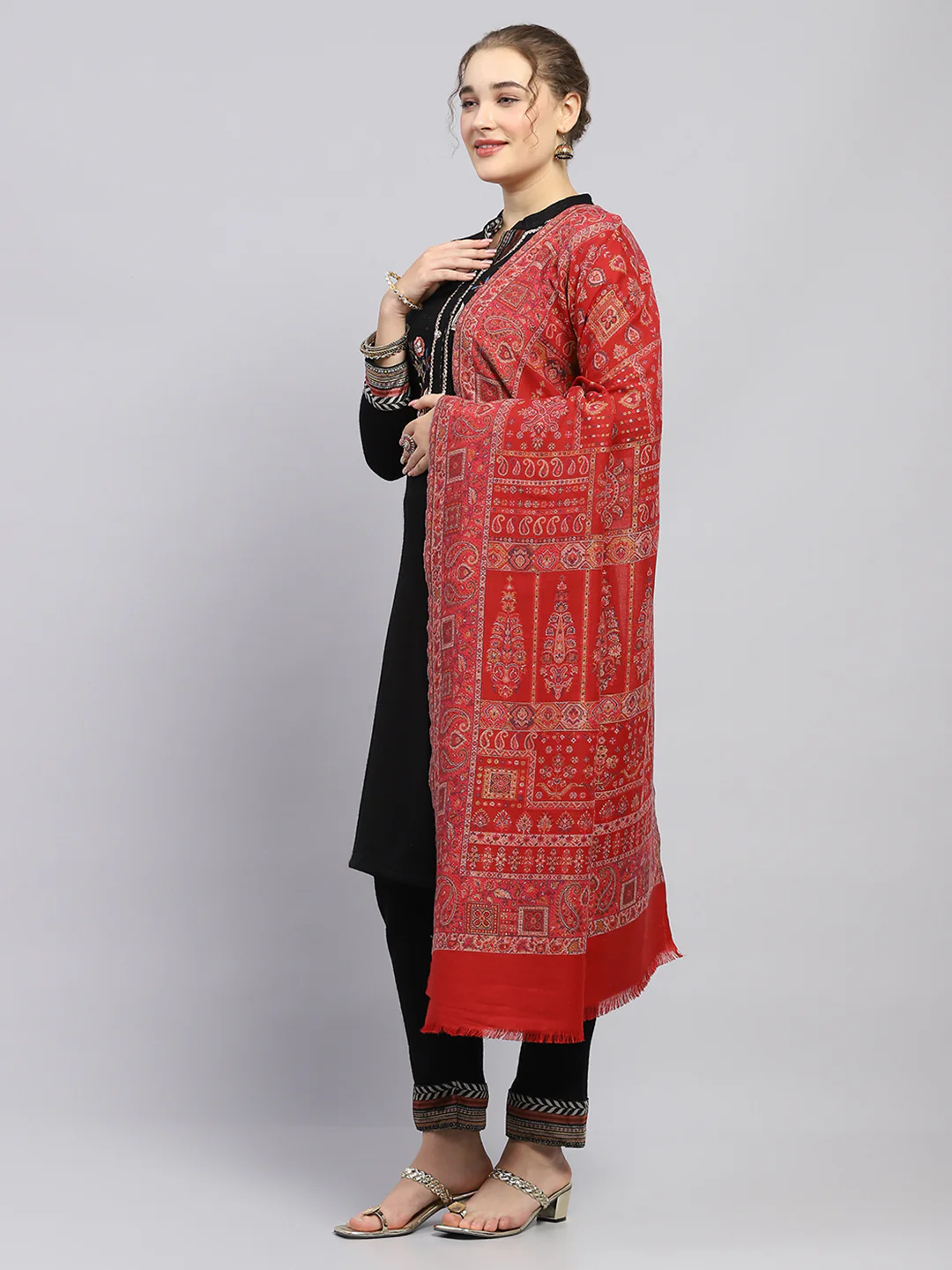 Women Maroon Self Design Shawl - Image 3