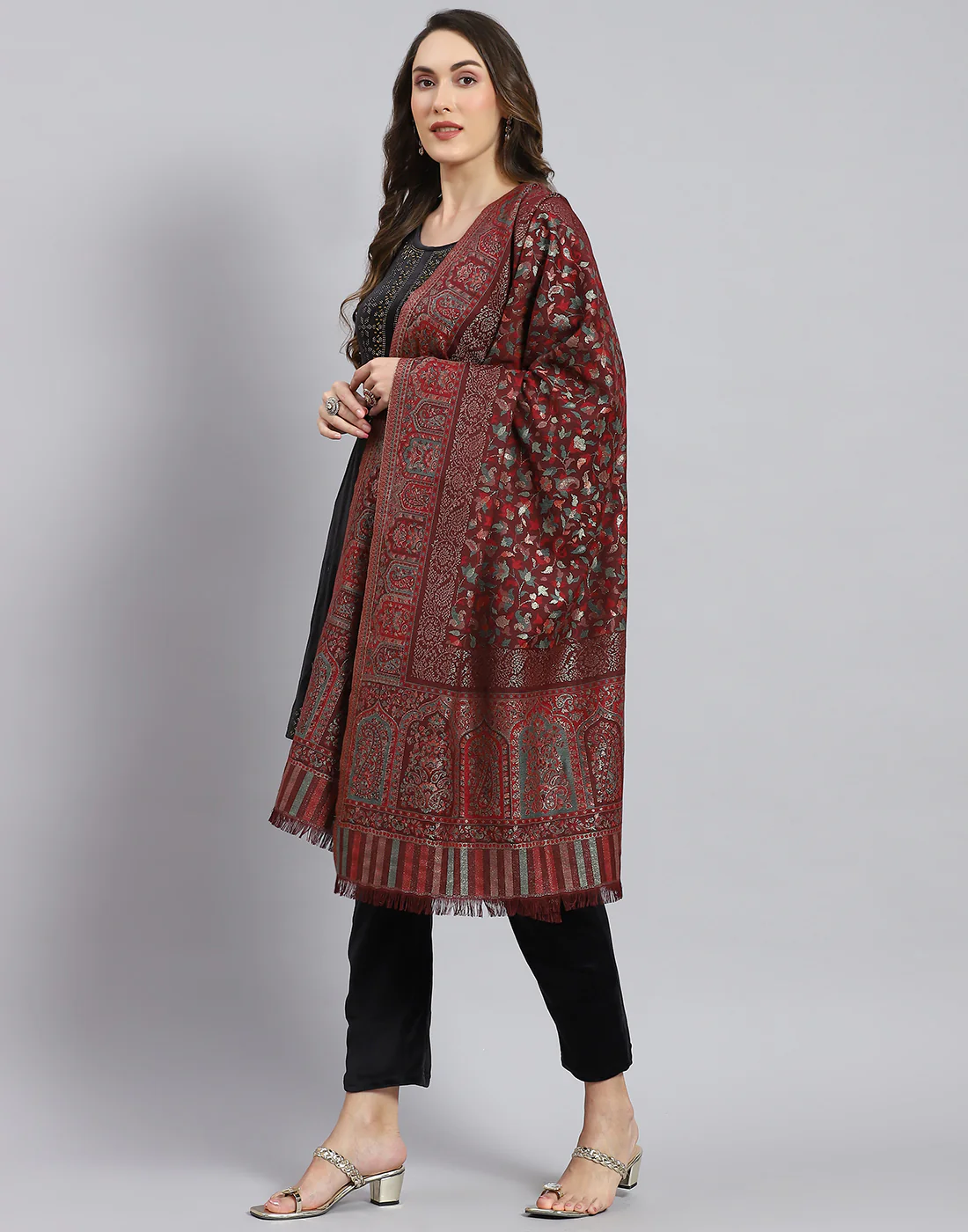 Women Maroon Self Design Stole - Image 3