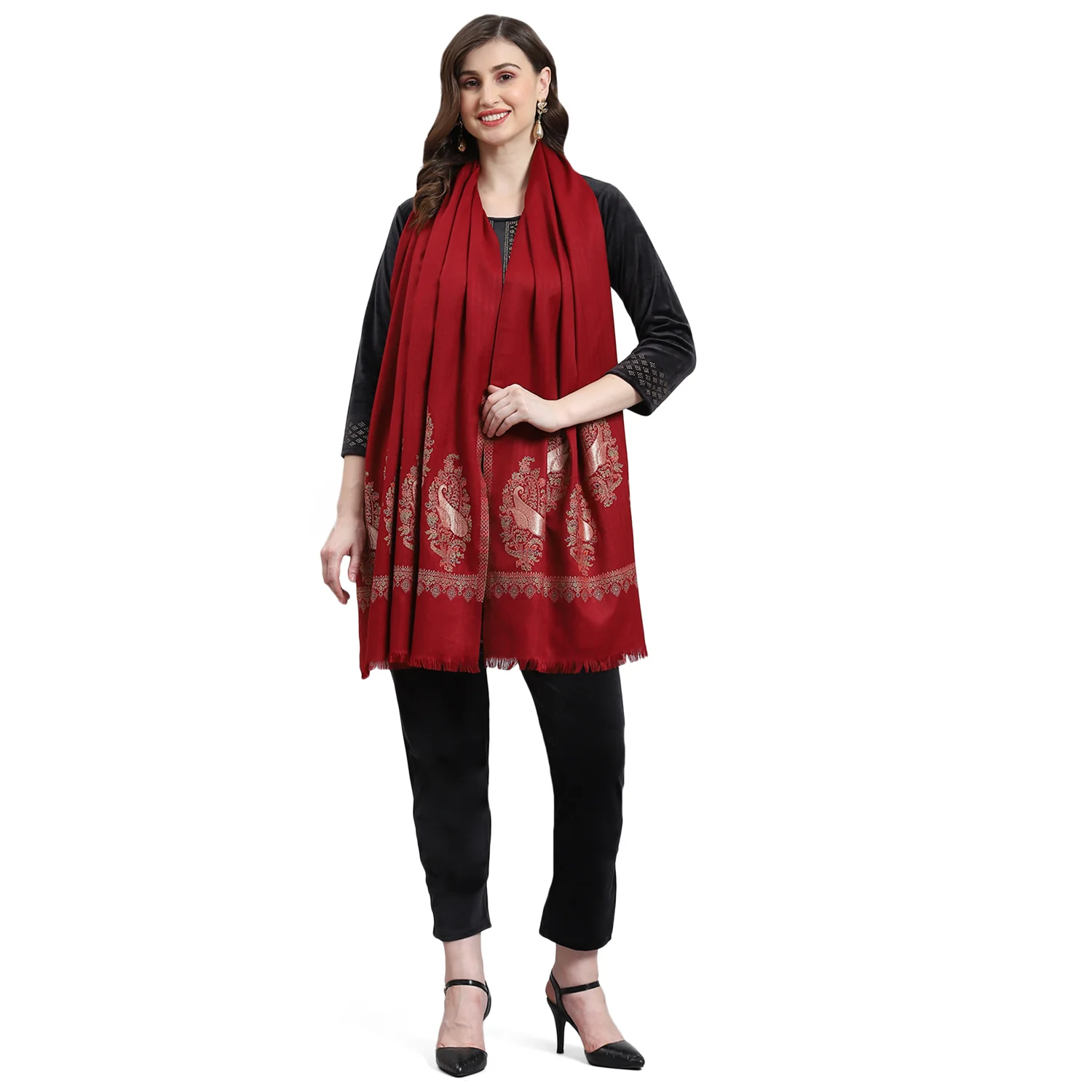 Women Maroon Self Design Stole - Image 5