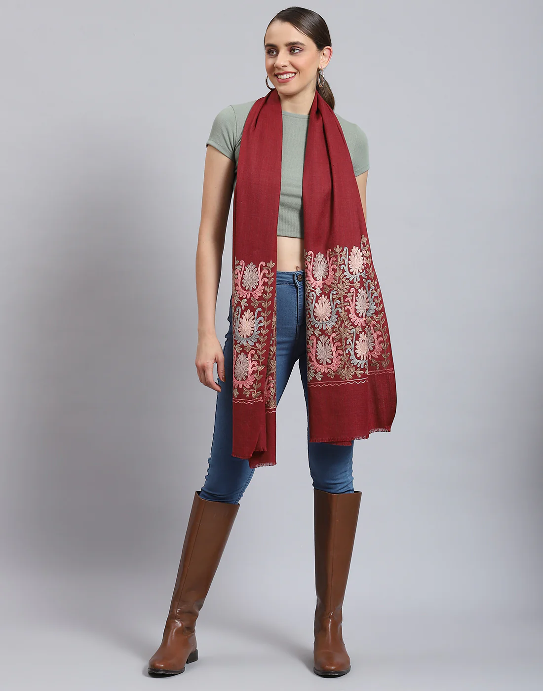 Women Maroon Self Design Stole - Image 7