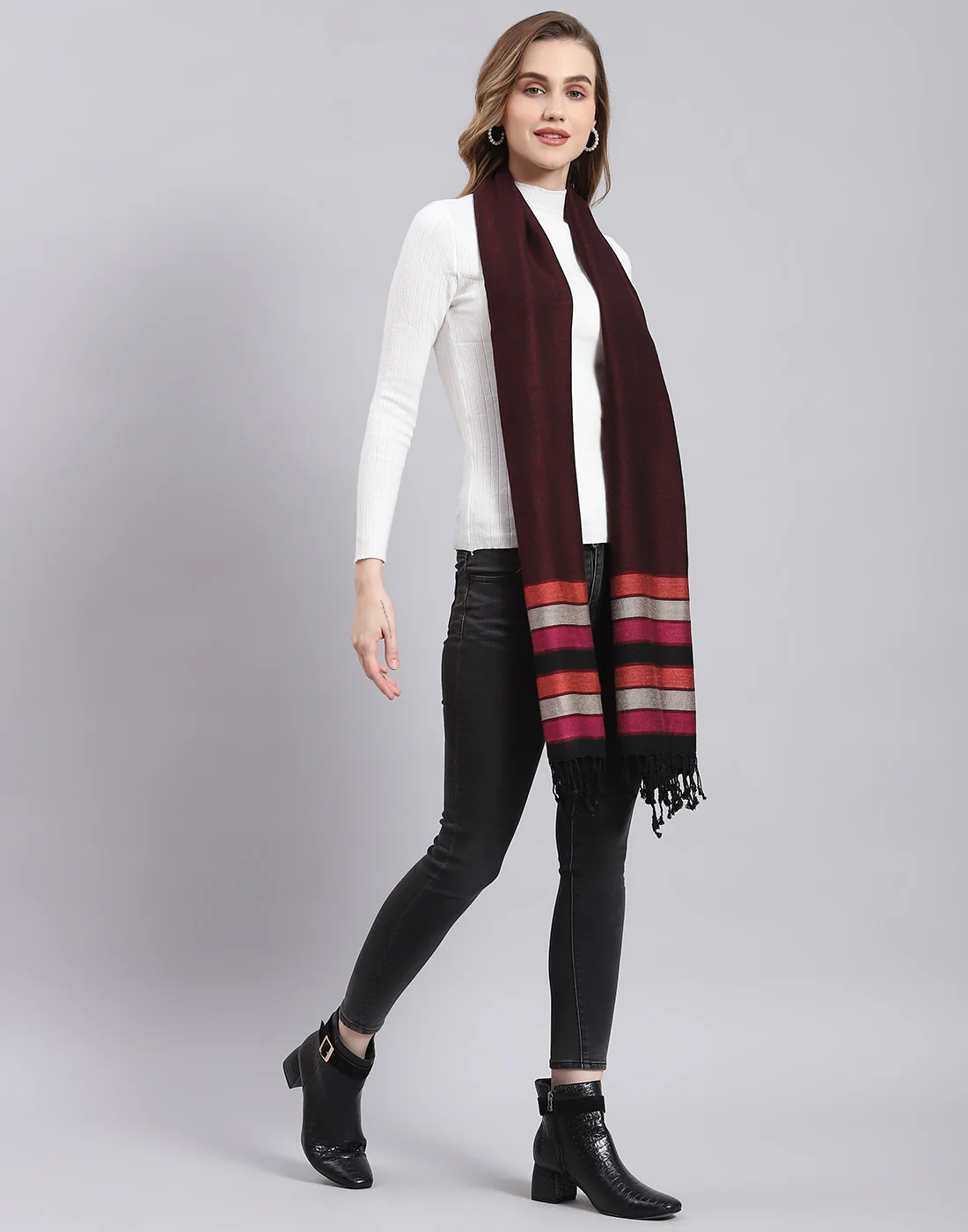 Women Maroon Self Design Stole - Image 5