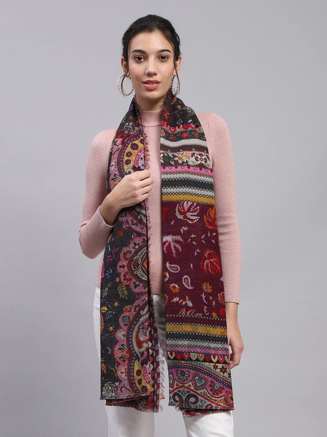 Women Maroon Self Design Stole - Image 3
