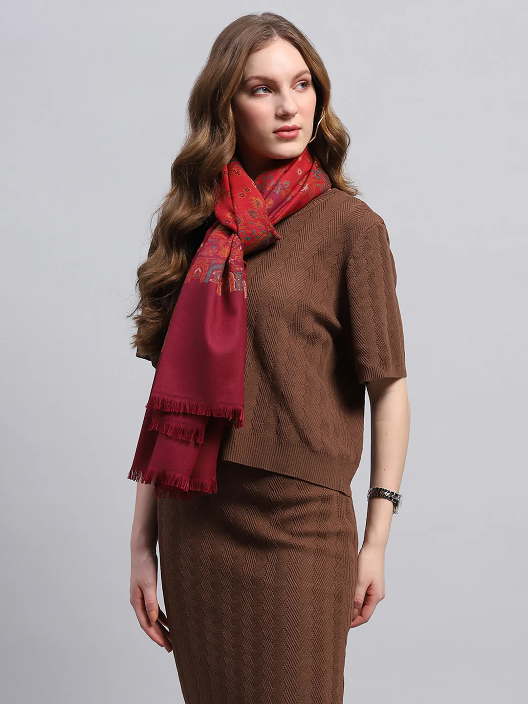 Women Maroon Self Design Stole - Image 4