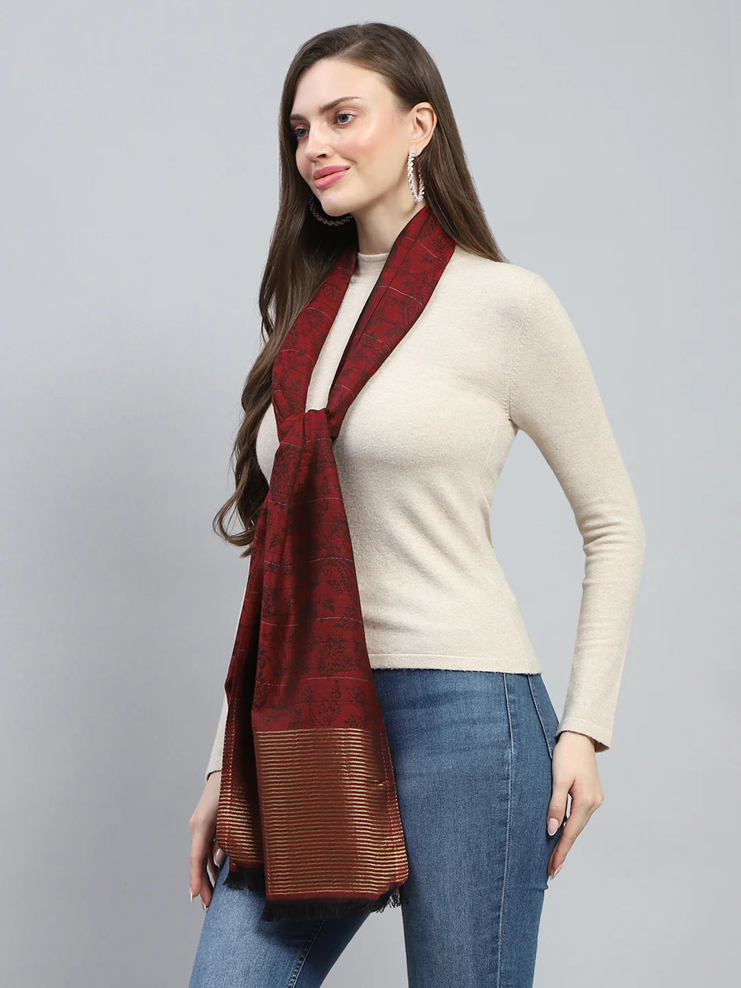 Women Maroon Self Design Stole - Image 3