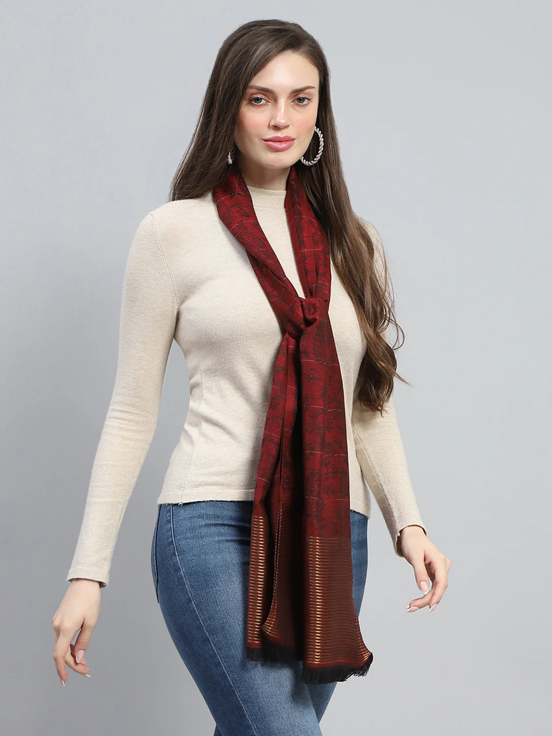 Women Maroon Self Design Stole - Image 4