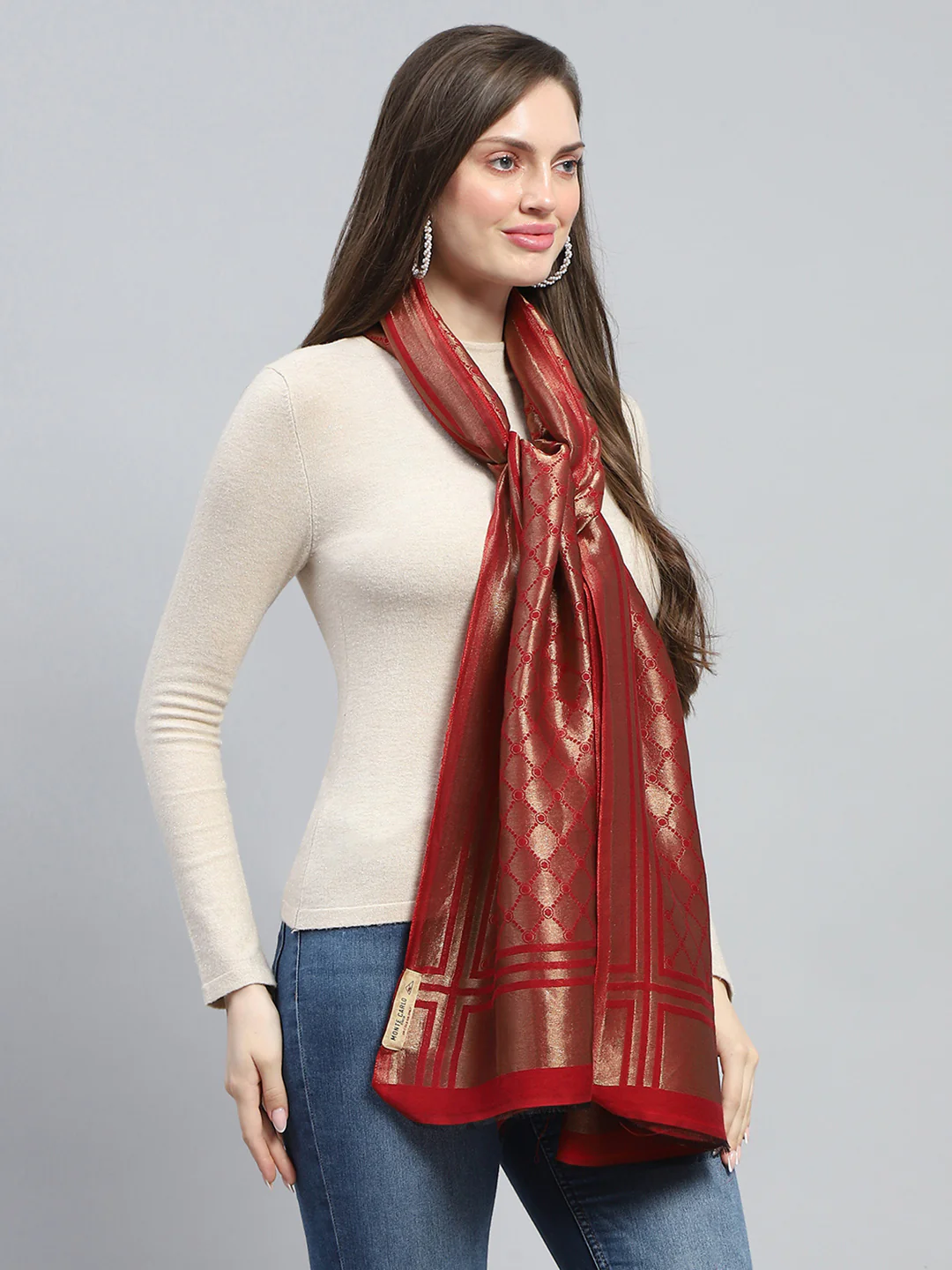 Women Maroon Self Design Stole - Image 4